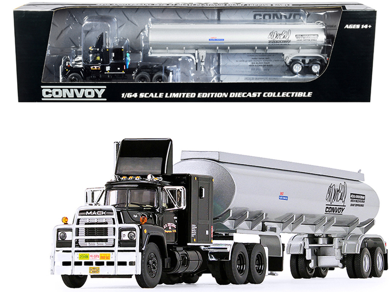 Mack R Model with Sleeper Cab Truck with Fuel Tanker Trailer R.D. Trucking  Inc. Black and Silver Convoy (1978) Movie 45th Anniversary 1/64  Diecast Model by DCP/First Gear 
