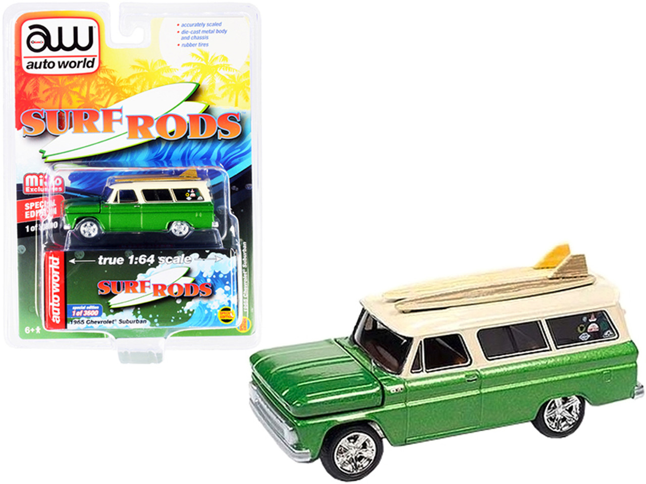 1965 Chevrolet Suburban Green Metallic and Cream with Two Surfboards "Surf Rods" Limited Edition to 3600 pieces Worldwide 1/64 Diecast Model Car by Autoworld