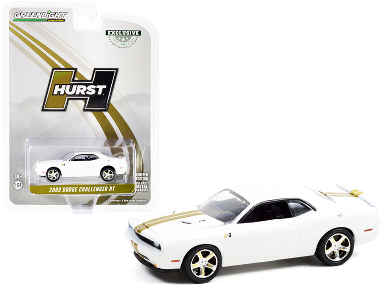 2009 Dodge Challenger R/T HEMI White with Gold Stripes "Hurst Performance Edition" "Hobby Exclusive" 1/64 Diecast Model Car by Greenlight