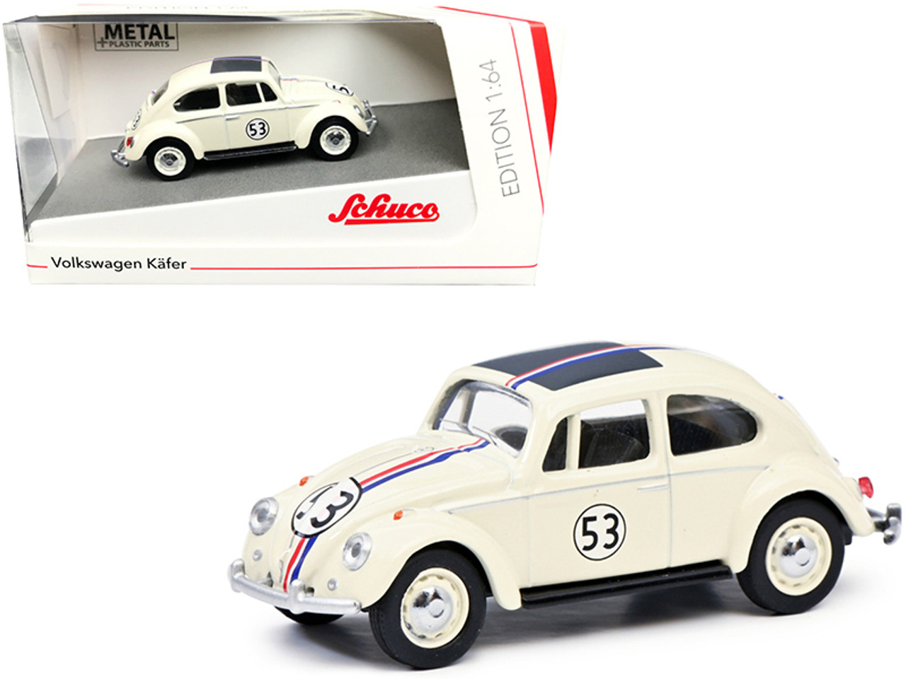 Volkswagen Beetle Rally #53 Cream with Stripes 1/64 Diecast Model Car by Schuco