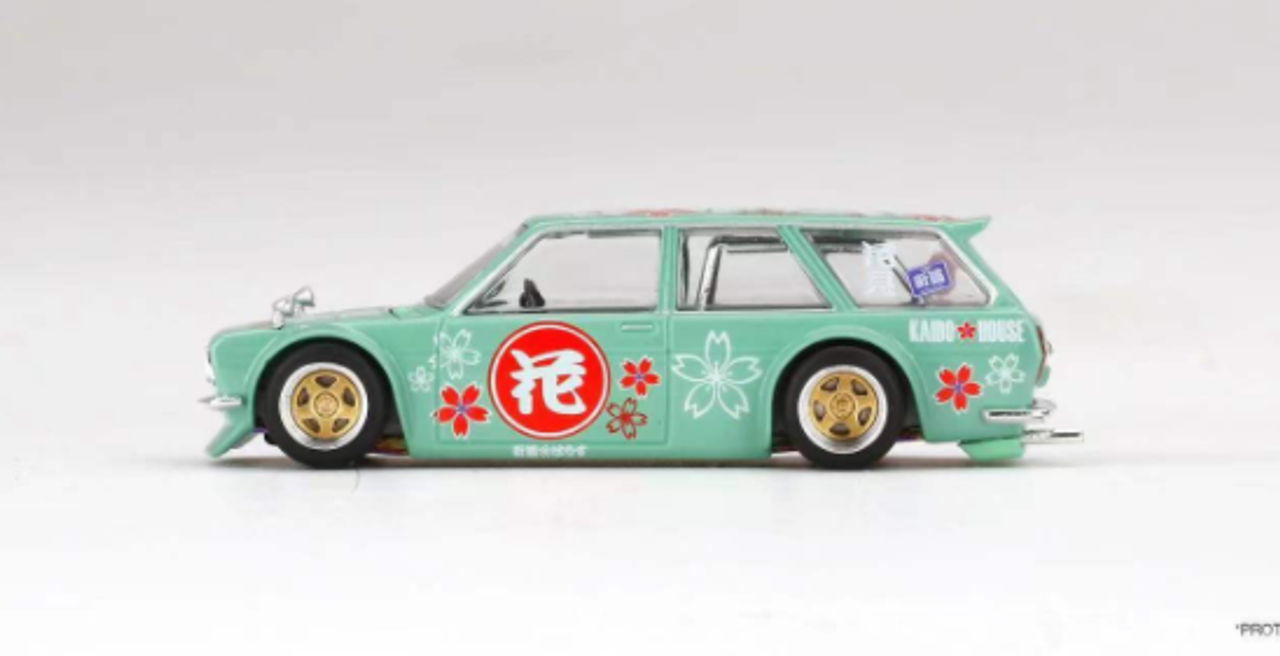 1971 Datsun 510 Wagon RHD (Right Hand Drive) "Hanami V2" Light Green with Graphics (Designed by Jun Imai) "Kaido House" Special 1/64 Diecast Model Car by True Scale Miniatures