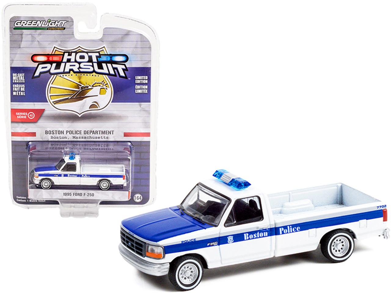 1995 Ford F-250 Pickup Truck White and Blue "Boston Police Department" (Massachusetts) "Hot Pursuit" Series 40 1/64 Diecast Model Car by Greenlight