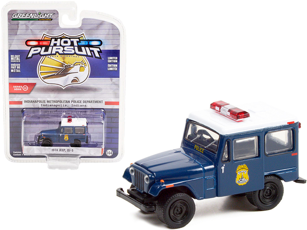 1974 Jeep DJ-5 Dark Blue with White Top "Indianapolis Metropolitan Police Department" (Indiana) "Hot Pursuit" Series 40 1/64 Diecast Model Car by Greenlight