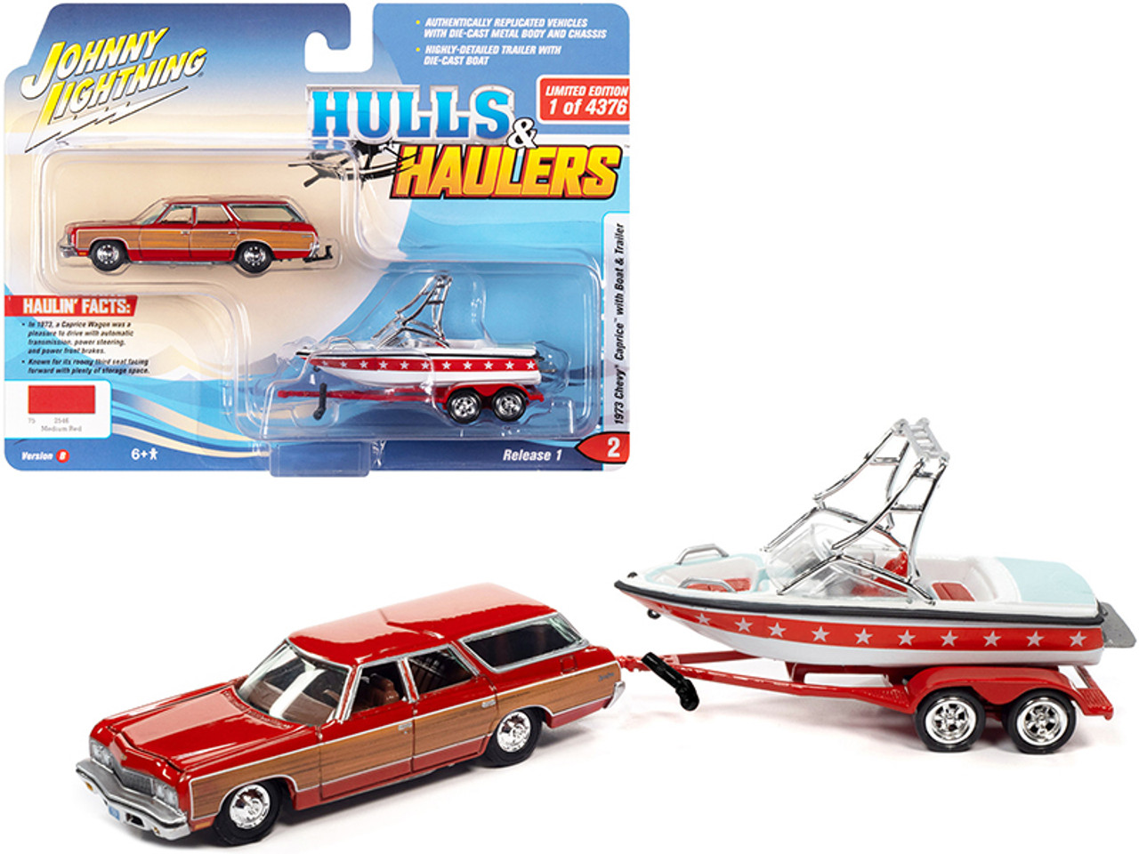 1973 Chevrolet Caprice Wagon Medium Red with Woodgrain Sides with Mastercraft Boat and Trailer Limited Edition to 4376 pieces Worldwide "Hulls & Haulers" Series 1/64 Diecast Model Car by Johnny Lightning