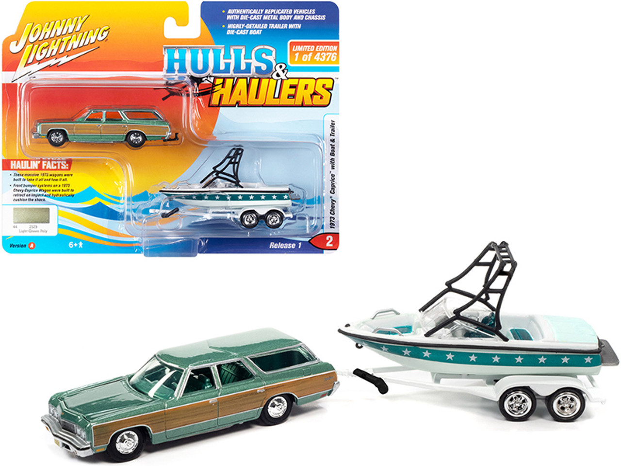 1973 Chevrolet Caprice Wagon Light Green Metallic with Woodgrain Sides with Mastercraft Boat and Trailer Limited Edition to 4376 pieces Worldwide "Hulls & Haulers" Series 1/64 Diecast Model Car by Johnny Lightning