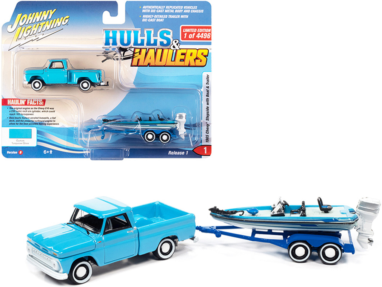 1965 Chevrolet Stepside Pickup Truck Custom Turquoise with Bass Boat and  Trailer Limited Edition to 4496 pieces Worldwide Hulls & Haulers Series