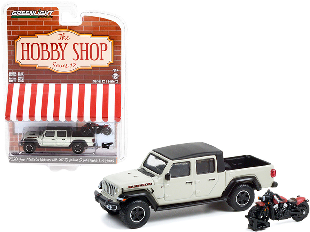 2020 Jeep Gladiator Rubicon Pickup Truck Beige with Black Top and 2020 Indian Scout Bobber Icon Series Motorcycle Red "The Hobby Shop" Series 12 1/64 Diecast Model Car by Greenlight
