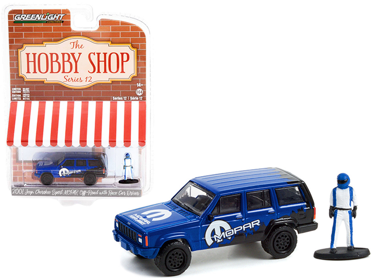 2001 Jeep Cherokee Sport Off-Road "Mopar" Blue and Black and Race Car Driver Figurine "The Hobby Shop" Series 12 1/64 Diecast Model Car by Greenlight