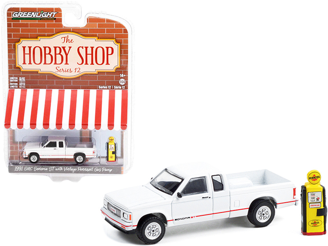 1991 GMC Sonoma ST Pickup Truck White and Vintage "Pennzoil" Gas Pump "The Hobby Shop" Series 12 1/64 Diecast Model Car by Greenlight