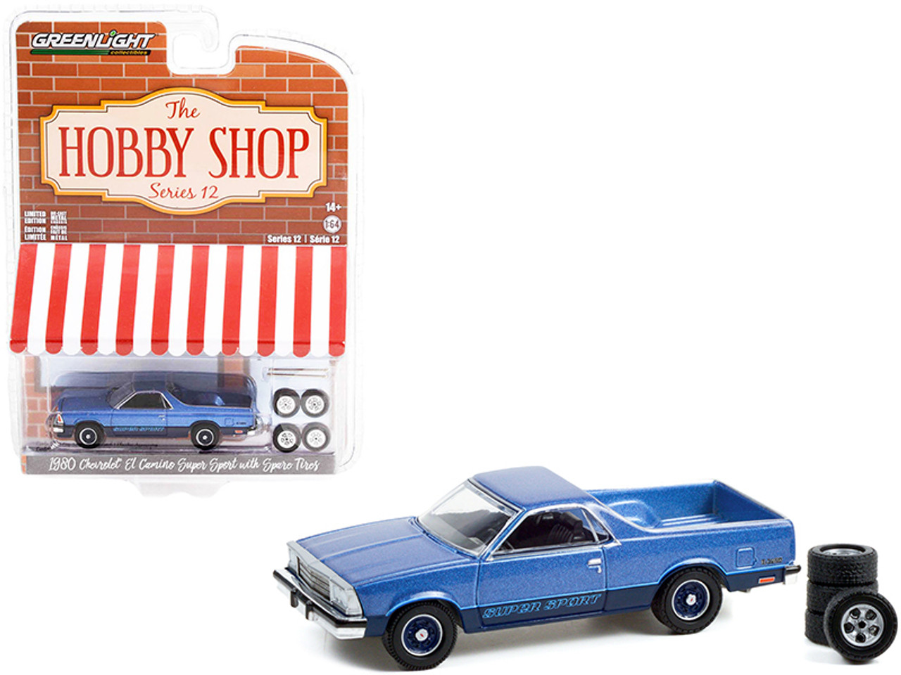 1980 Chevrolet El Camino Super Sport Blue Metallic and Spare Tires "The Hobby Shop" Series 12 1/64 Diecast Model Car by Greenlight