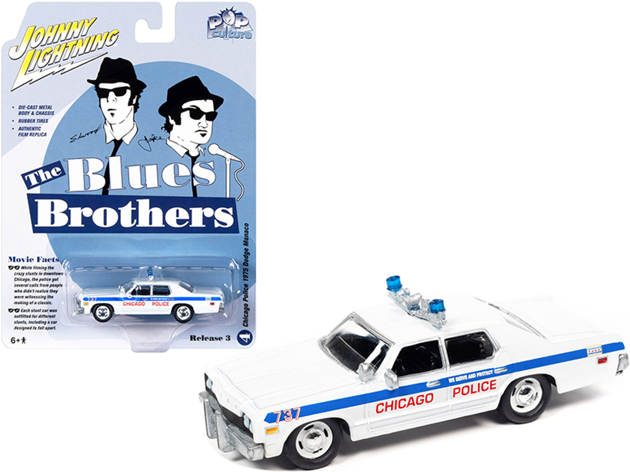 1975 Dodge Monaco White with Blue Stripes "Chicago Police Department" "The Blues Brothers" (1980) Movie "Pop Culture" Series 3 1/64 Diecast Model Car by Johnny Lightning