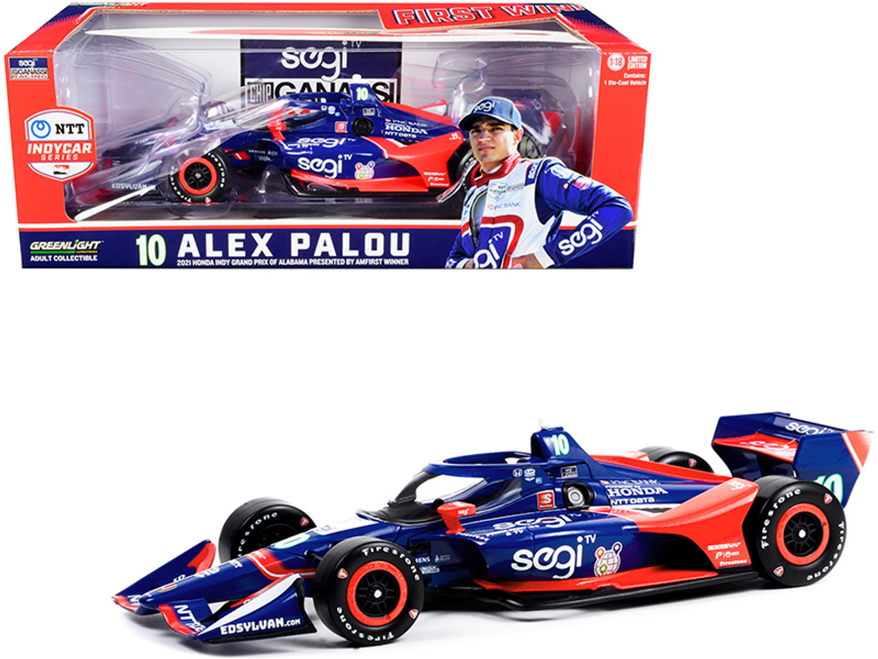 Dallara IndyCar #10 Alex Palou "SEGI TV" Chip Ganassi Racing (Road Course Configuration) "Honda Indy Grand Prix of Alabama First Win" (2021) "NTT IndyCar Series" 1/18 Diecast Model Car by Greenlight