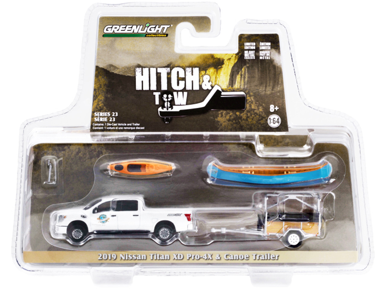 2019 Nissan Titan XD Pro-4X Pickup Truck White Metallic "Whitewater Canoe Rental" and Canoe Trailer with Canoe Rack with Canoe and Kayak "Hitch & Tow" Series 23 1/64 Diecast Model Car by Greenlight