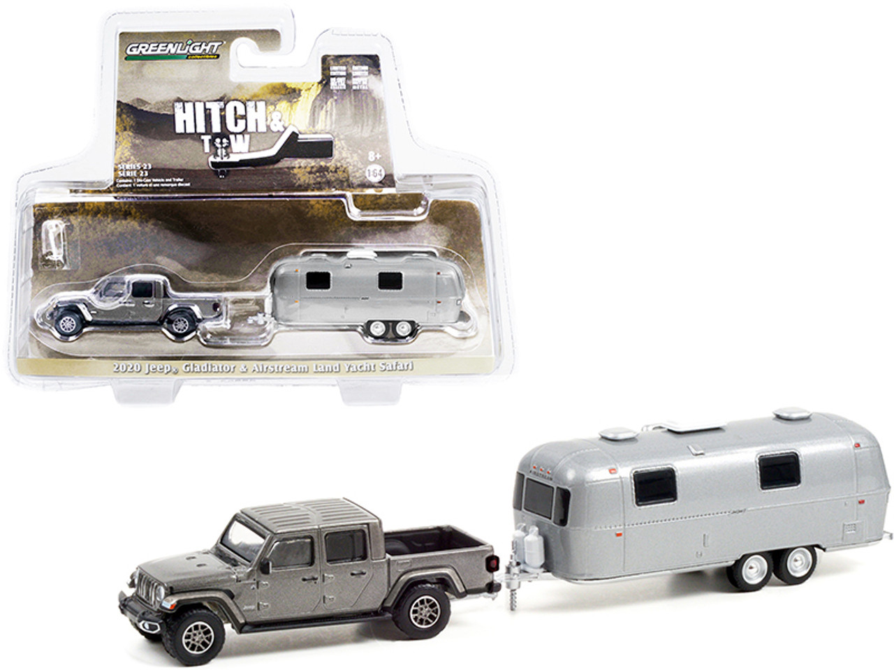 2020 Jeep Gladiator Pickup Truck Granite Crystal Gray Metallic with Airstream Land Yacht Safari Travel Trailer "Hitch & Tow" Series 23 1/64 Diecast Model Car by Greenlight