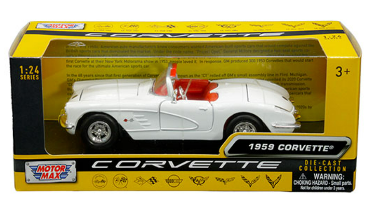 1/24 Motormax 1959 Chevrolet Corvette C1 (White with Red Interior) Diecast Car Model