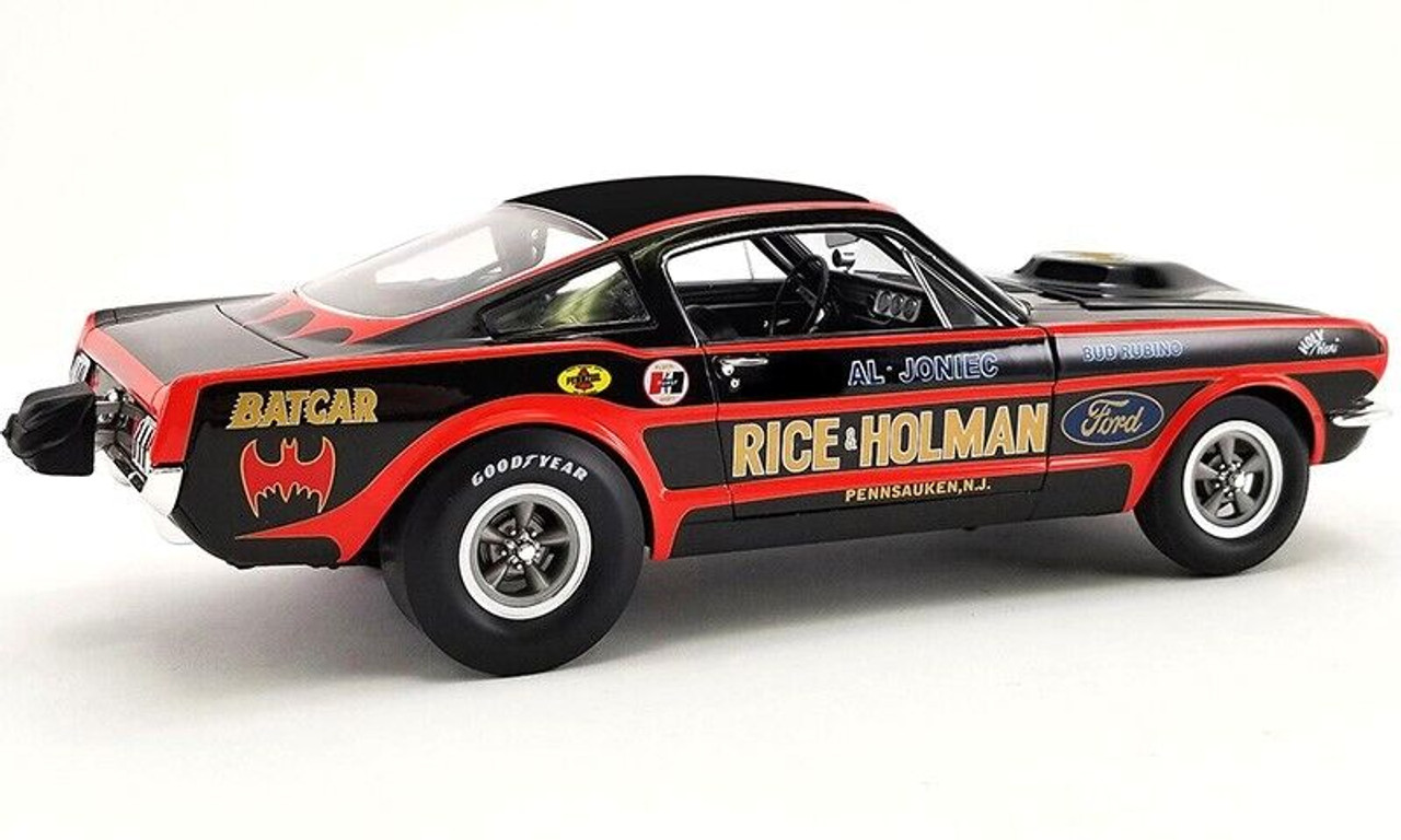 1/18 ACME 1965 Ford Mustang A/FX "BatCar" Black with Red Stripes and Graphics Limited Edition Diecast Car Model
