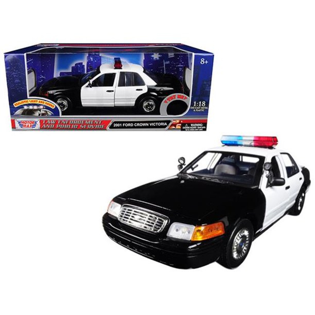 1/18 Motormax 2001 Ford Crown Victoria Police Diecast Model Car with Front & Rear Lights & Sound (Black & White) Diecast Car Model