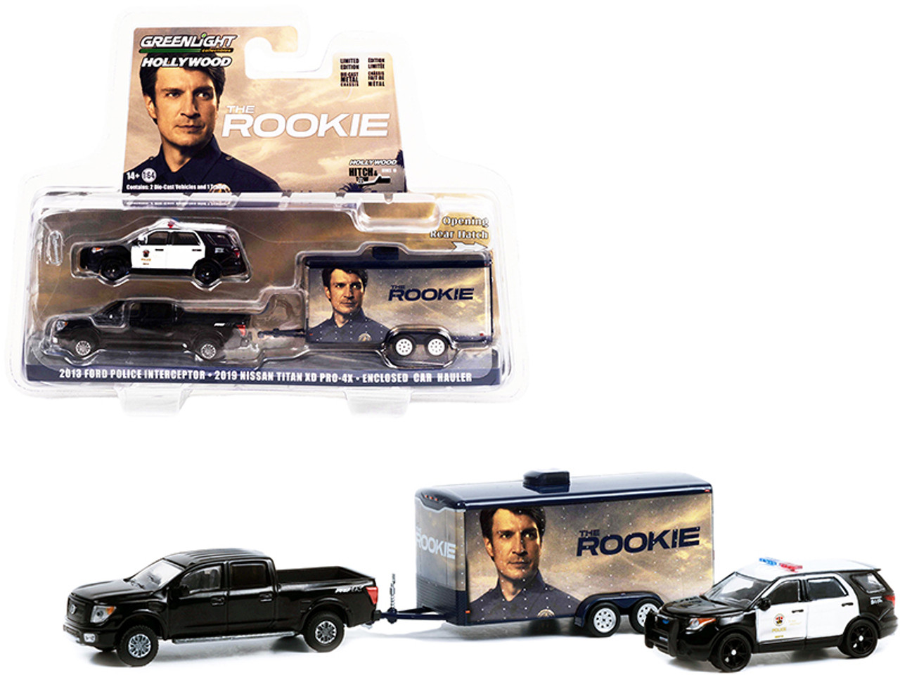 2019 Nissan Titan XD Pro-4X Pickup Truck Black with 2013 Ford Police Interceptor Utility "Los Angeles Police Department" (LAPD) and Enclosed Car Hauler "The Rookie" (2018) TV Series "Hollywood Hitch & Tow" Series 10 1/64 Diecast Models by Greenlight