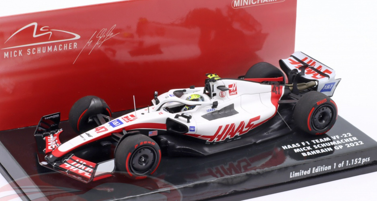 1/43 Minichamps 2022 Formula 1 Mick Schumacher Haas VF-22 #47 11th Bahrain GP Car Model