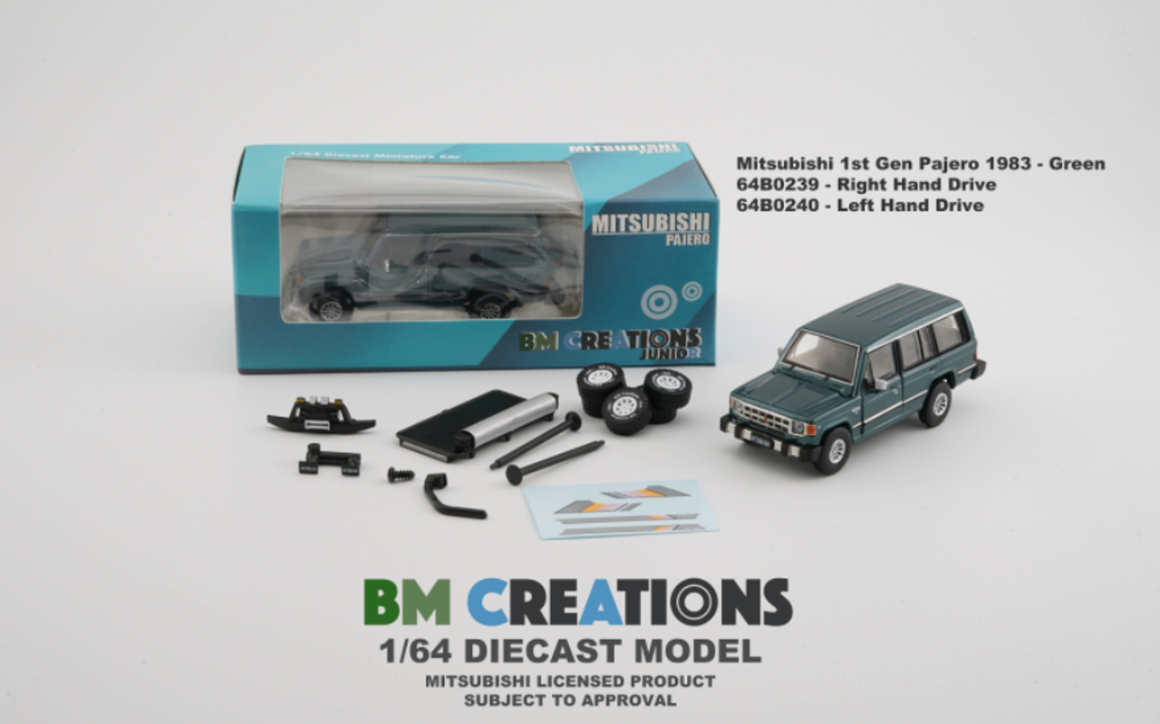  1/64 BM Creations Mitsubishi 1st Gen Pajero 1983 - Green w/stripe Diecast 2 door open (Including Awning Tent & Extra Set of Wheels)
