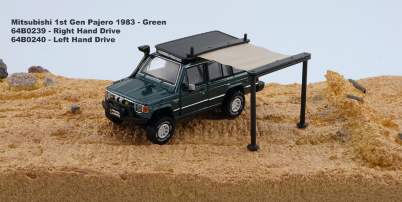  1/64 BM Creations Mitsubishi 1st Gen Pajero 1983 - Green w/stripe Diecast 2 door open (Including Awning Tent & Extra Set of Wheels)