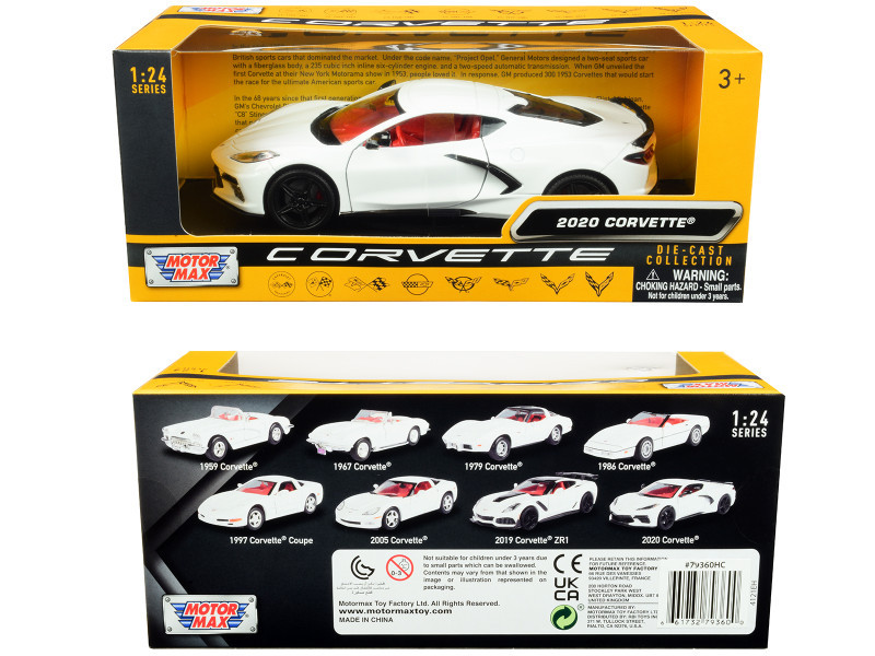 2020 Chevrolet Corvette C8 Stingray White with Red Interior "History of Corvette" Series 1/24 Diecast Model Car by Motormax