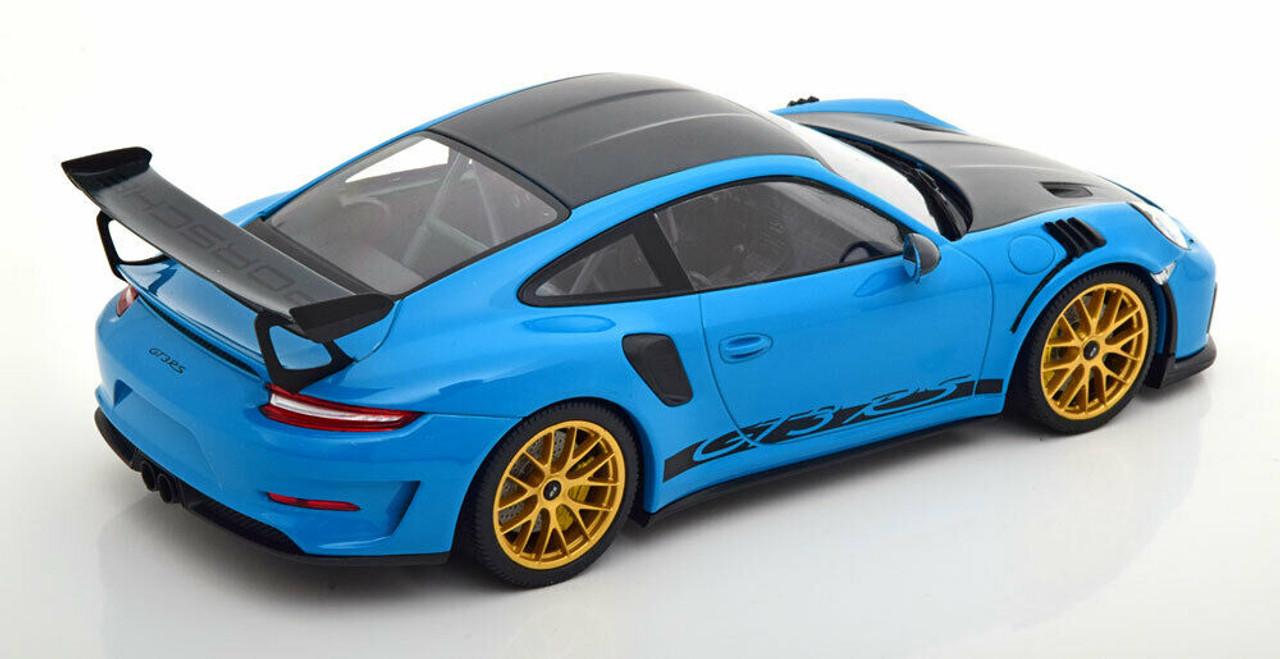 1/18 Minichamps 2019 Porsche 911 (991.2) GT3 RS Weissach Package with Side "GT3 RS" Print (Miami Blue with Golden Rims) Car Model Limited 111 Pieces