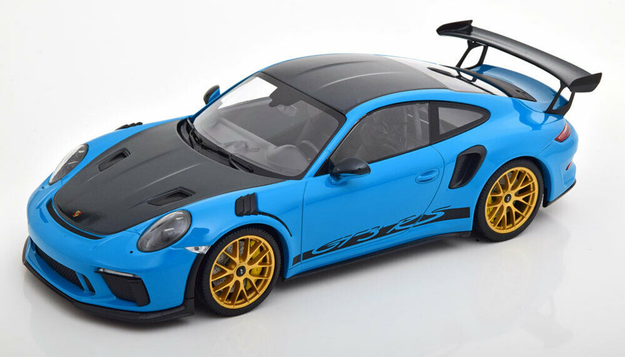 1/18 Minichamps 2019 Porsche 911 (991.2) GT3 RS Weissach Package with Side "GT3 RS" Print (Miami Blue with Golden Rims) Car Model Limited 111 Pieces