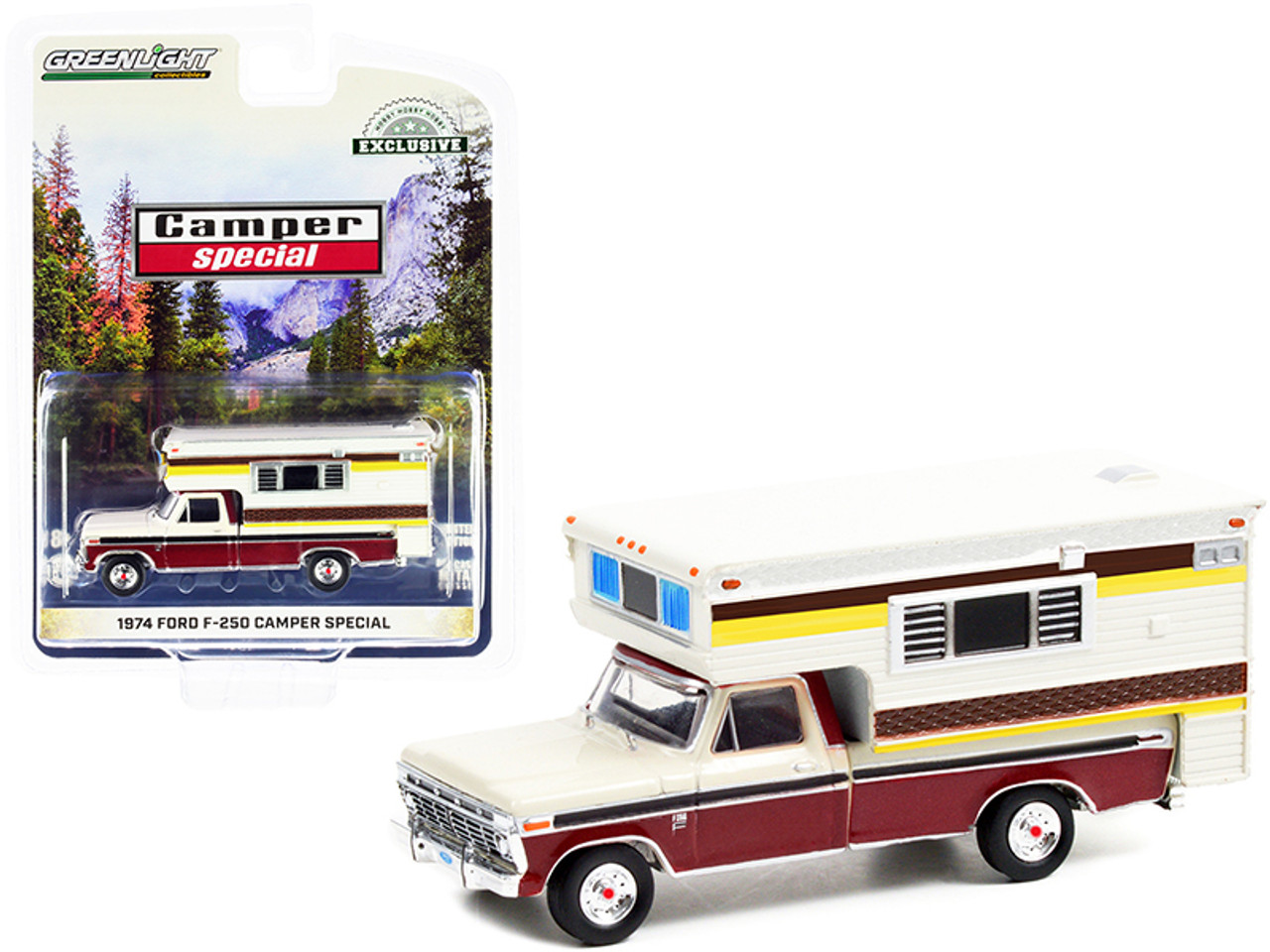 1974 Ford F-250 Pickup Truck with Large Camper Candy Apple Red and Wimbledon White "Camper Special" "Hobby Exclusive" 1/64 Diecast Model Car by Greenlight