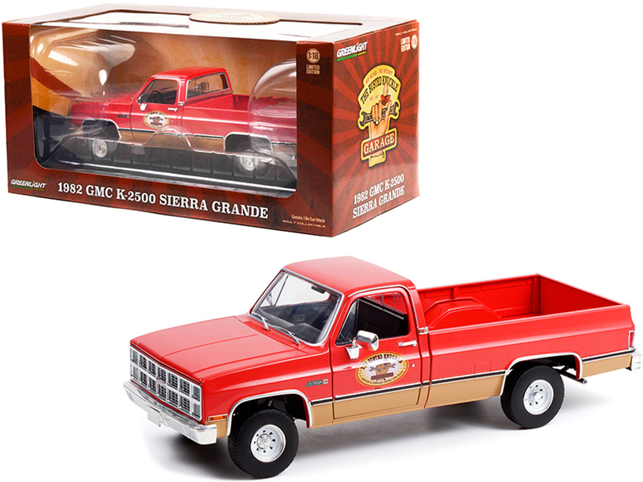 1982 GMC K-2500 Sierra Grande Wideside Pickup Truck with Trailer Hitch Red "Busted Knuckle Garage" 1/18 Diecast Model Car by Greenlight