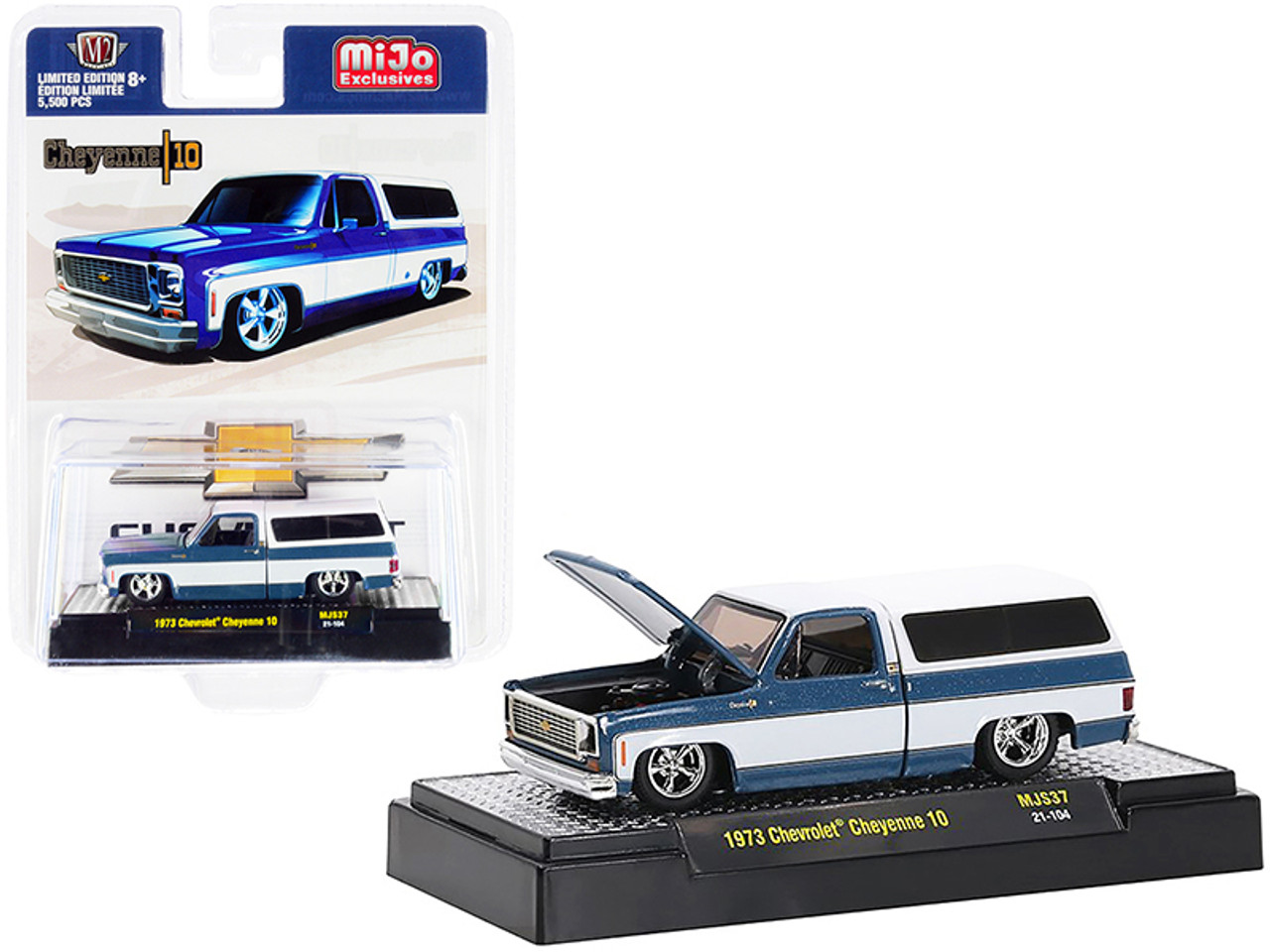 1973 Chevrolet Cheyenne 10 Pickup Truck with Camper Shell Blue and White Limited Edition to 5500 pieces Worldwide 1/64 Diecast Model Car by M2 Machines