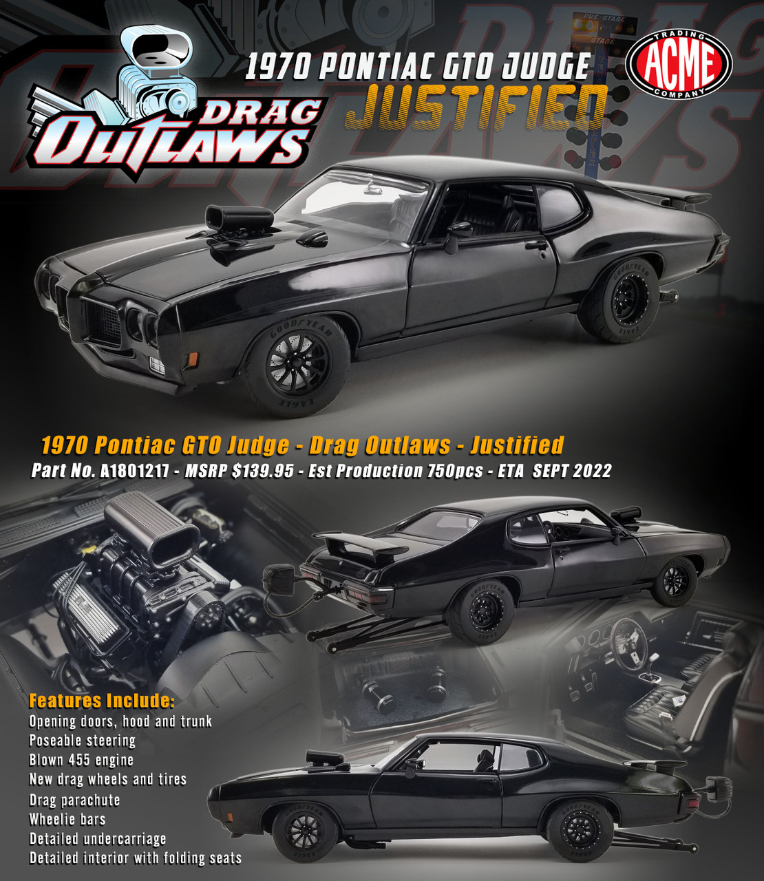 1/18 ACME 1970 Pontiac GTO Judge Drag Outlaws JUSTIFIED (Black) Diecast Car Model