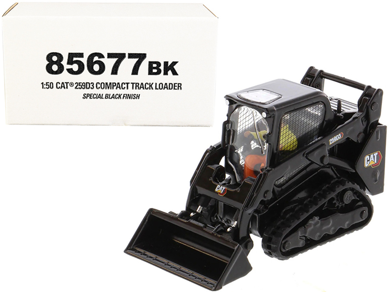 CAT Caterpillar 259D3 Skid Steer Loader with Work Tools Special Black Paint and Operator "High Line Series" 1/50 Diecast Model by Diecast Masters