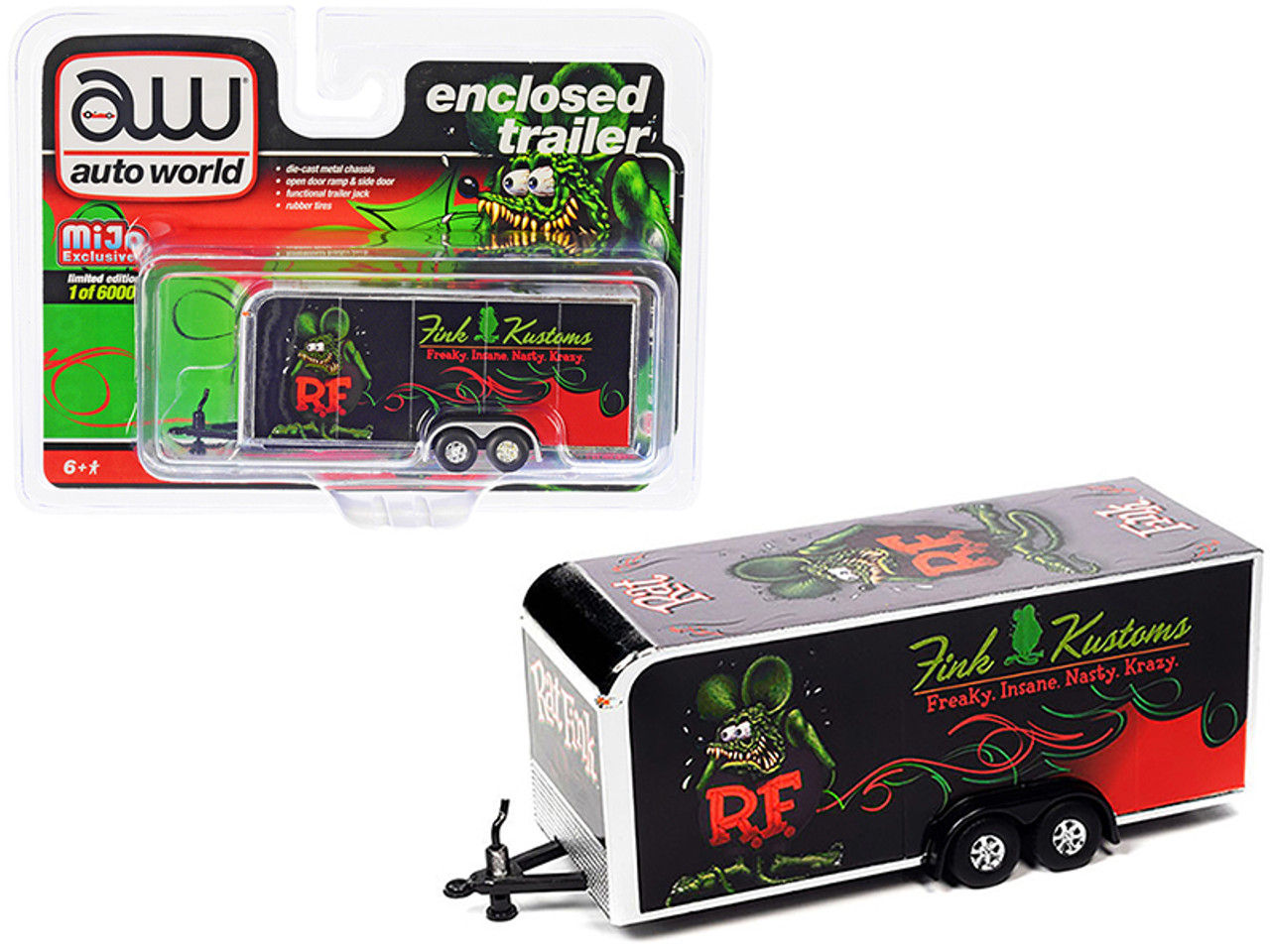 4-Wheel Enclosed Car Trailer Black with Silver Top and Graphics "Rat Fink" Limited Edition to 6000 pieces Worldwide 1/64 Diecast Model by Auto World