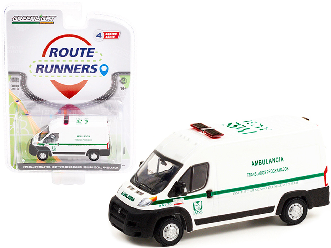 2018 Dodge Ram ProMaster Van White with Green Stripes "Instituto Mexicano Del Seguro Social Ambulancia" Ensenada (Mexico) "Route Runners" Series 4 1/64 Diecast Model Car by Greenlight