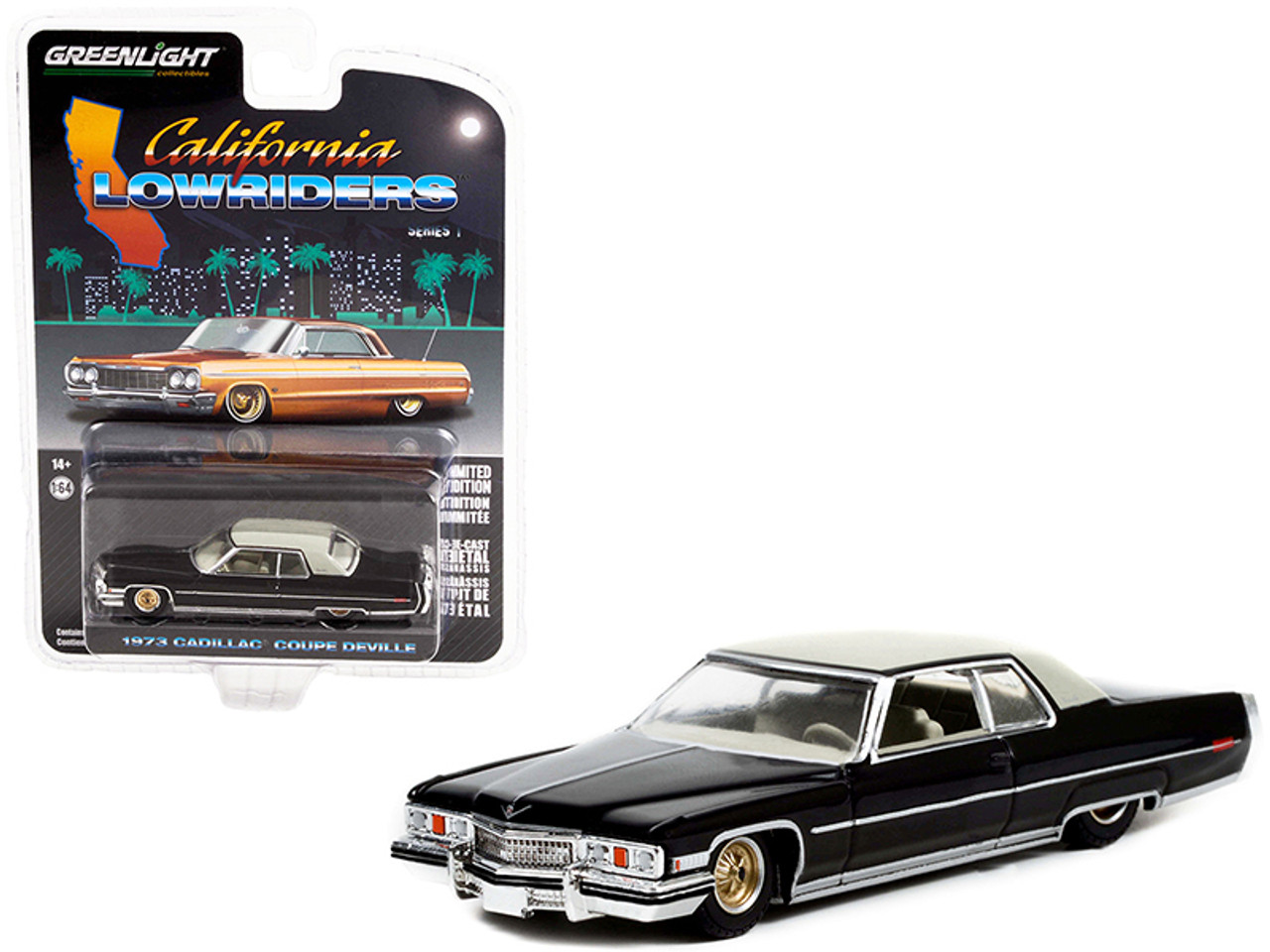 1973 Cadillac Coupe DeVille Lowrider Black with Cream Top and Gold Wheels "California Lowriders" Release 1 1/64 Diecast Model Car by Greenlight