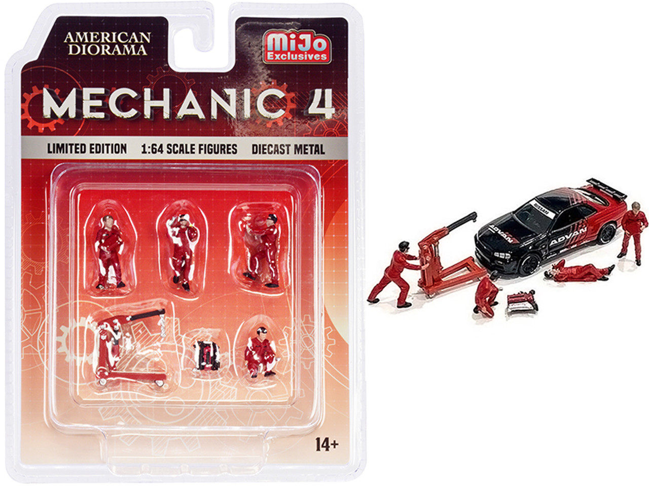 "Mechanic 4" 6 piece Diecast Set (4 Figurines and 2 Accessories) for 1/64 Scale Models by American Diorama