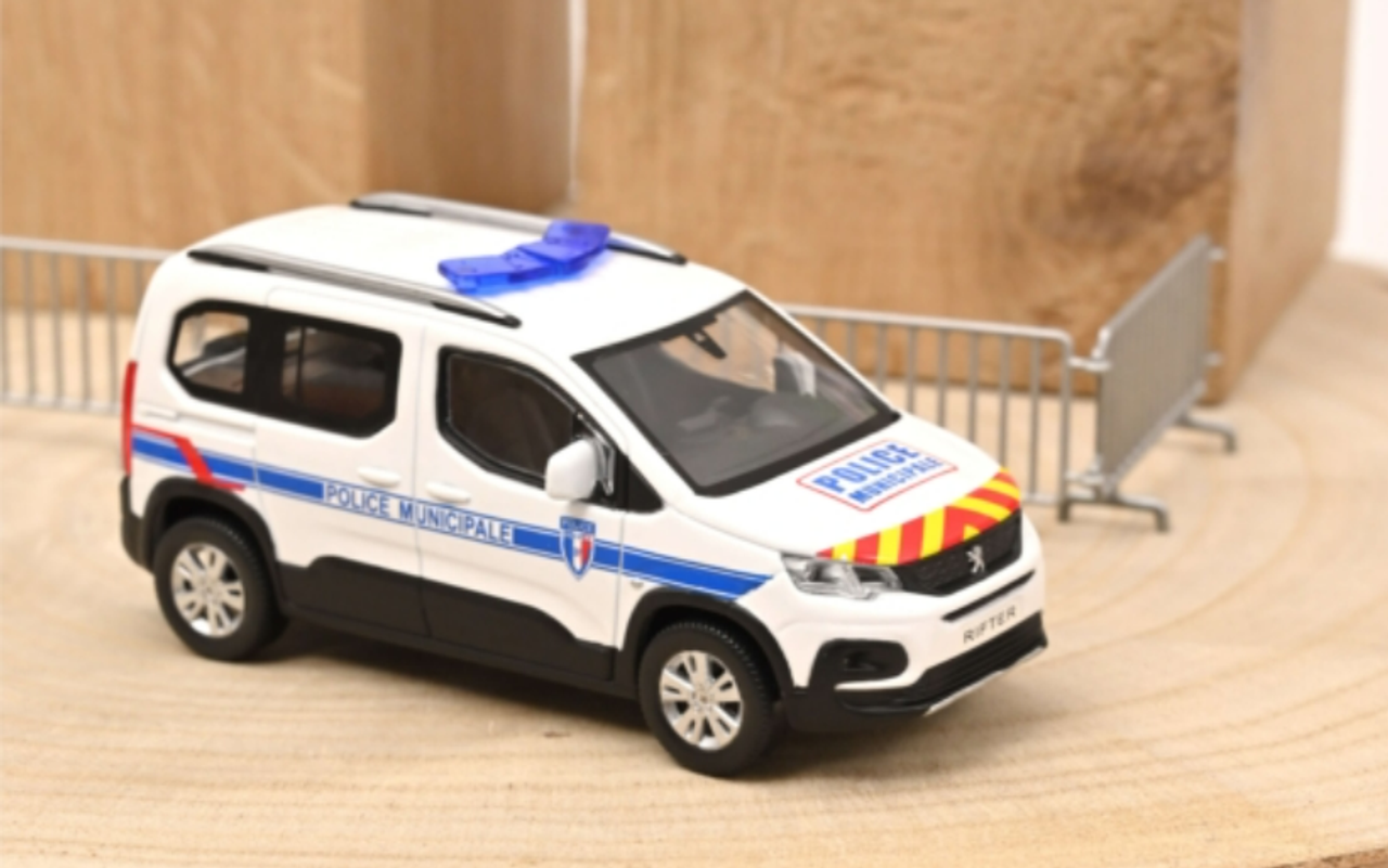 1/43 Norev 2019 Peugeot Rifter Police Municipale (White & Blue) with Yellow & Red Stripe Diecast Car Model