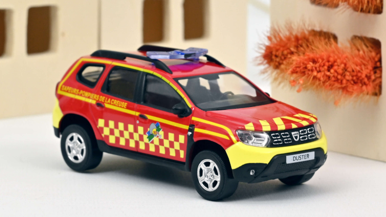 1/43 Norev 2020 Dacia Duster Pompiers Construction (Red & Yellow with Site Decoration) Diecast Car Model