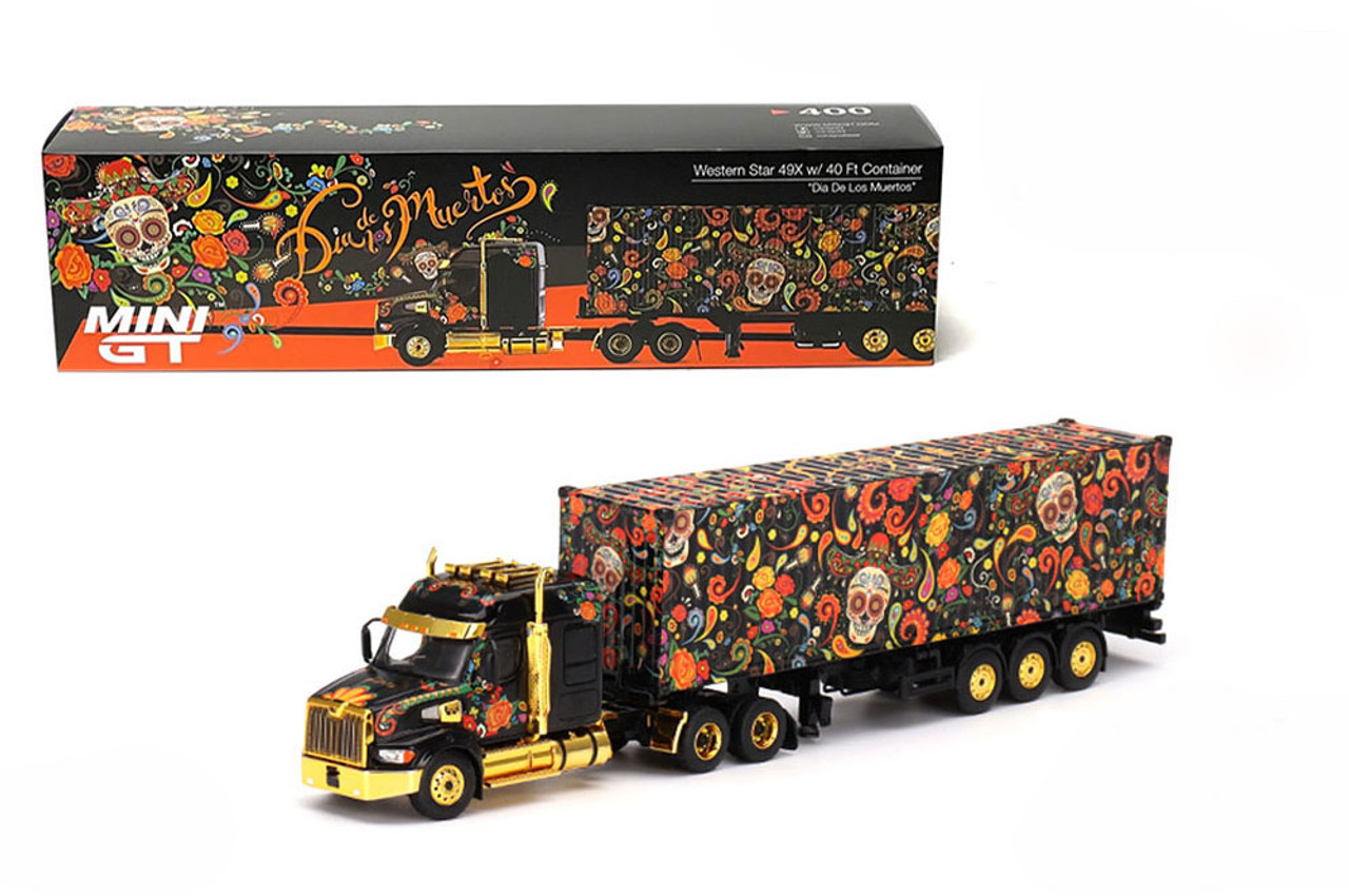 1/64 Mini GT Western Star 49X with 40 Ft Container "Dia de los Muertos" (Day of the Dead) Black with Graphics Diecast Car Model