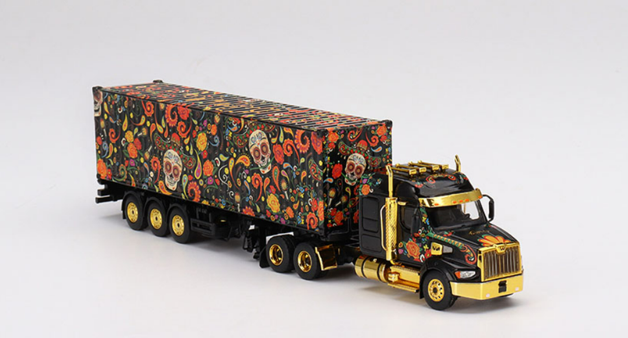 1/64 Mini GT Western Star 49X with 40 Ft Container "Dia de los Muertos" (Day of the Dead) Black with Graphics Diecast Car Model