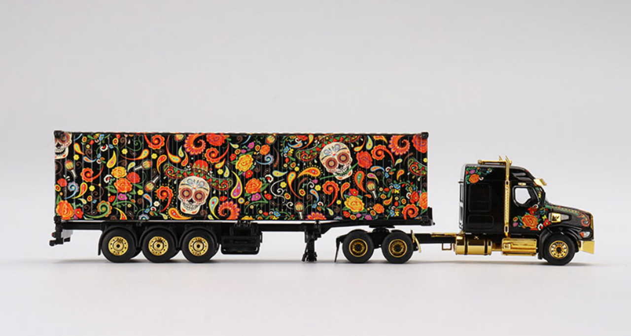 1/64 Mini GT Western Star 49X with 40 Ft Container "Dia de los Muertos" (Day of the Dead) Black with Graphics Diecast Car Model