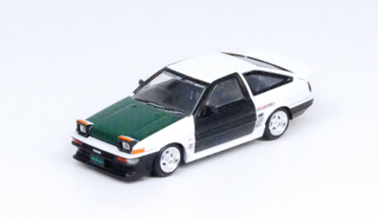 Toyota Sprinter Trueno AE86 RHD (Right Hand Drive) White with Green Carbon Hood and Black Carbon Doors 1/64 Diecast Model Car by Inno Models