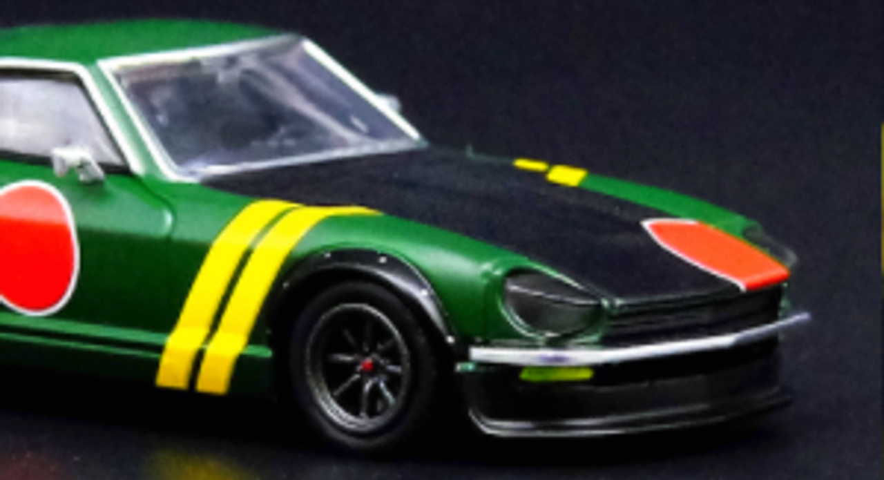 Datsun 240Z Zero Fighter Aircraft Livery Matt Green with Yellow Stripes  and Graphics 1/64 Diecast Model Car by Inno Models
