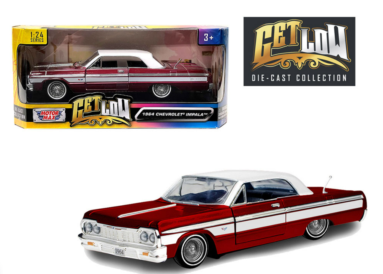 1/24 Motormax 1964 Chevrolet Chevy Impala SS Hard Top Lowrider (Candy Red With White Top) Diecast Car Model