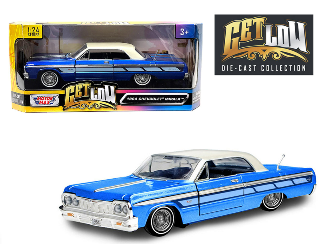 1/24 Motormax 1964 Chevrolet Chevy Impala SS Hard Top Lowrider (Candy Blue With White Top) Diecast Car Model