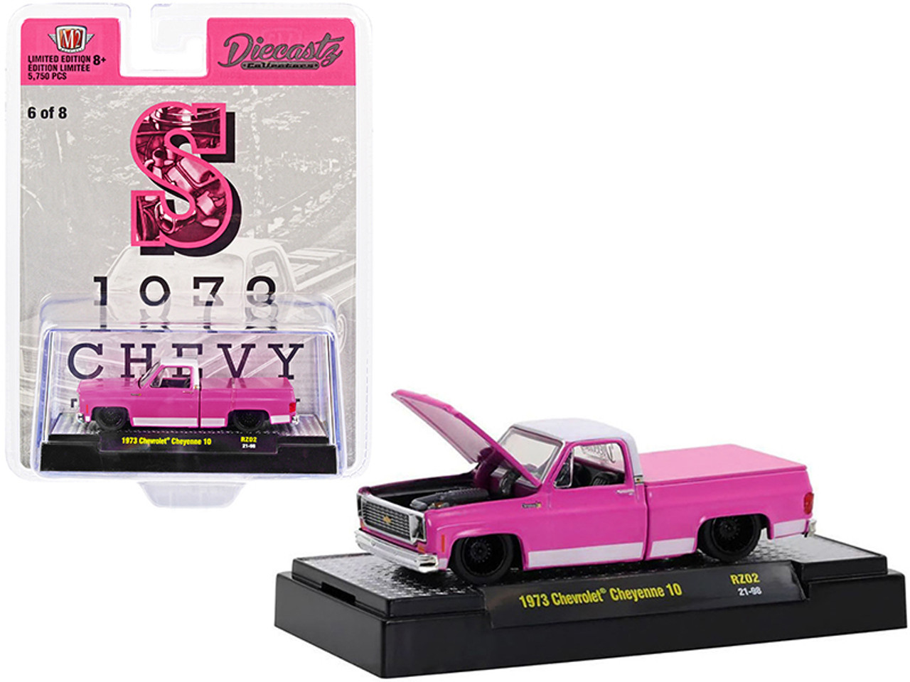 1973 Chevrolet Cheyenne 10 Pickup Truck with Bed Cover "S" Pink with White Top and Stripes "Diecastz Collectors" "Riverside Show Exclusives" Limited Edition to 5750 pieces Worldwide 1/64 Diecast Model Car by M2 Machines