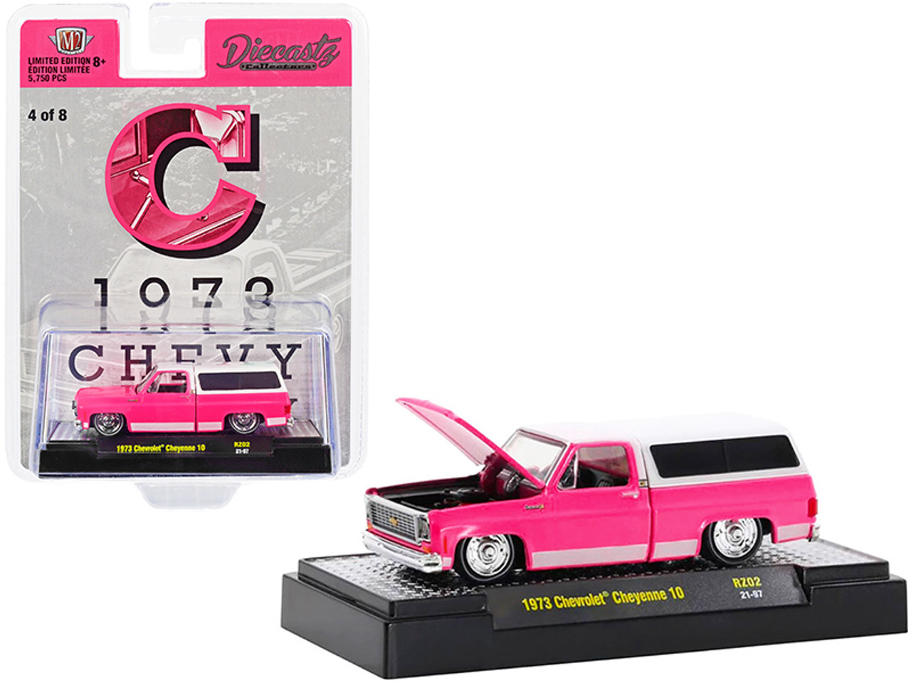 1973 Chevrolet Cheyenne 10 Pickup Truck with Camper Shell "C" Bright Pink with White Top and Stripes "Diecastz Collectors" "Riverside Show Exclusives" Limited Edition to 5750 pieces Worldwide 1/64 Diecast Model Car by M2 Machines