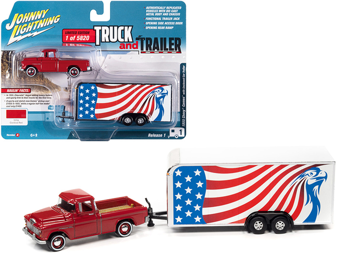 1955 Chevrolet Cameo Pickup Truck Cardinal Red with Enclosed Car Trailer with American Flag Graphics Limited Edition to 5820 pieces Worldwide "Truck and Trailer" Series 1/64 Diecast Model Car by Johnny Lightning