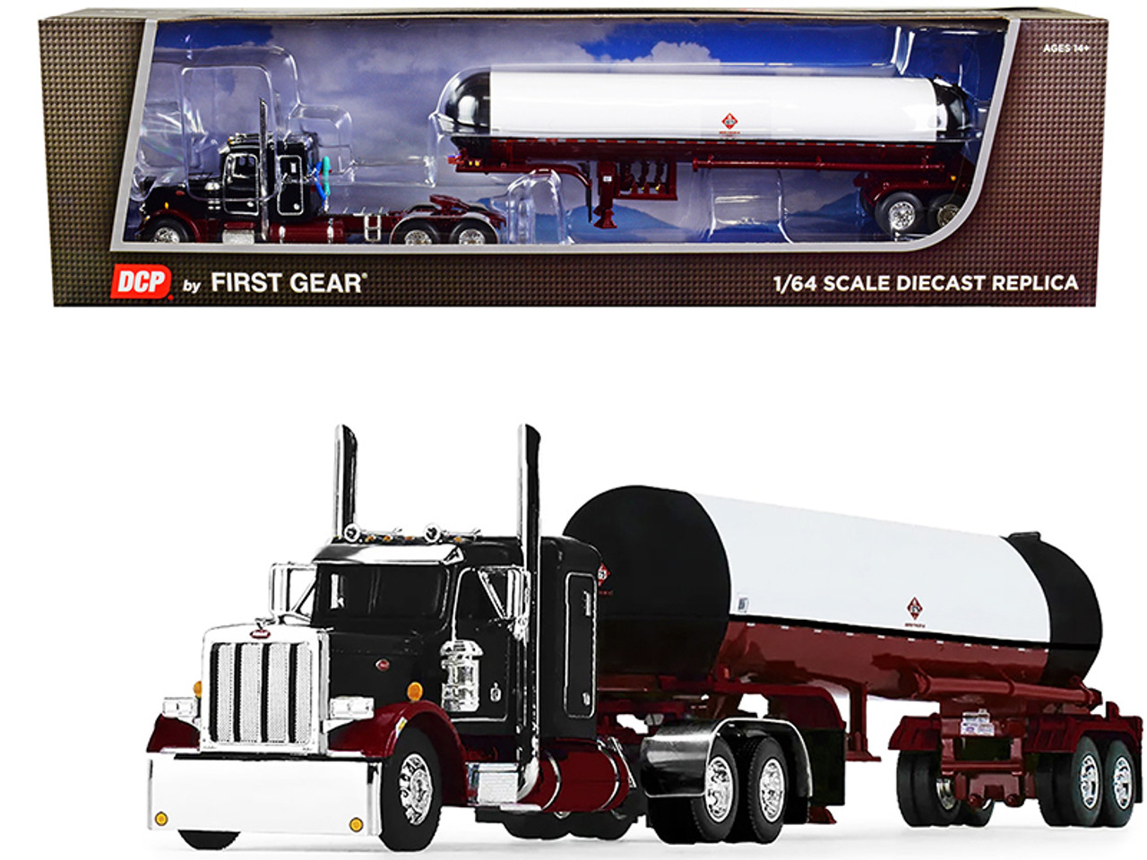 Peterbilt 359 with 36" Flattop Sleeper Cab and Mississippi LPG Tandem Axle Tanker Trailer Maroon and Black 1/64 Diecast Model by DCP/First Gear